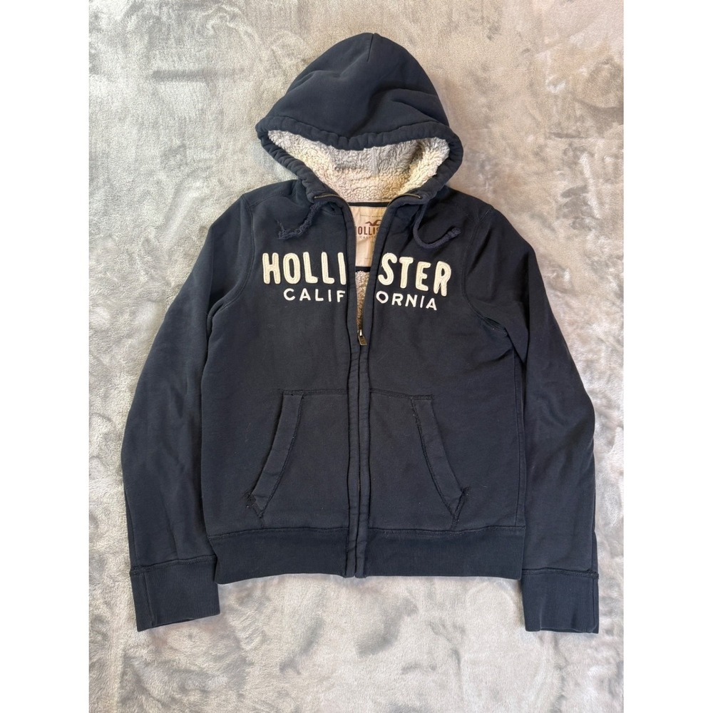 Y2K VTG Hollister Full Zip Sherpa Lined Hoodie Sz L Navy Blue Embroidered